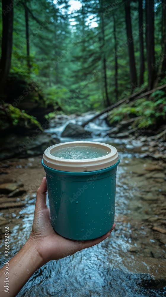 Poster hand holds a teal container with a white lid in a forest next to a flowing stream on a calm day