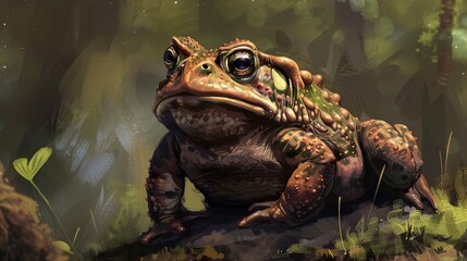 A large, brown toad with warts sits on a rock in a lush, green forest.