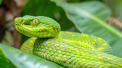 Fototapeta premium Green venomous snake concept. A charming snake that shows its importance in the ecosystems of Sri Lanka and the delicate balance of its existence.
