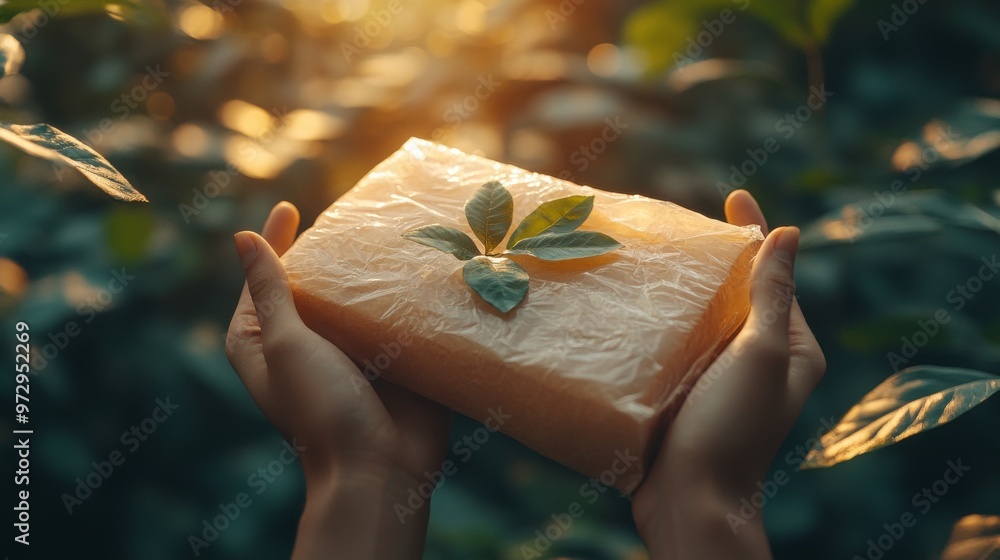 Poster hands holding a wrapped package adorned with green leaves, set against a blurred background with sof
