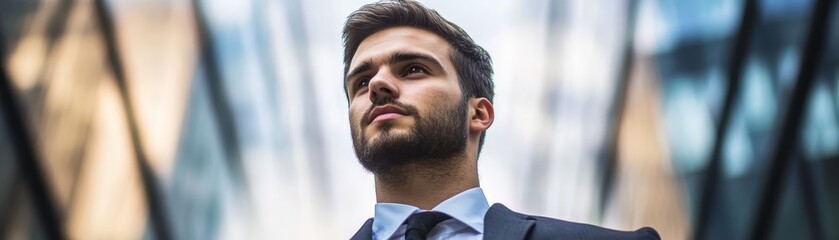 Obraz premium Confident Businessman Looking Up in Cityscape