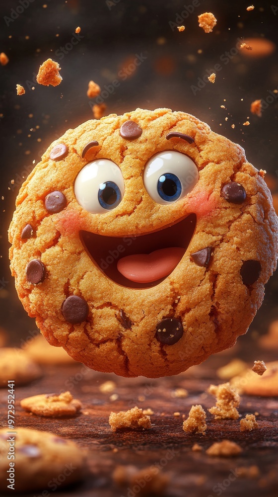 Poster happy, animated chocolate chip cookie with a smiling face is surrounded by crumbs, creating a cheerf