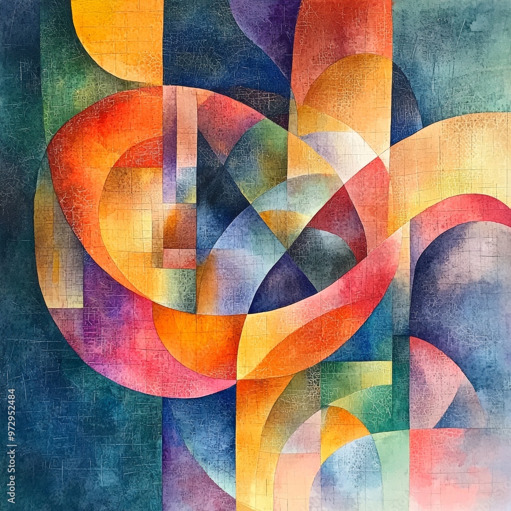 Sticker abstract watercolor painting geometric shapes vibrant colors textured background