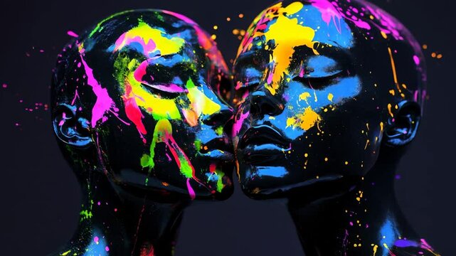 3D animation of two black mannequins with bright colorful paints merging in a kiss