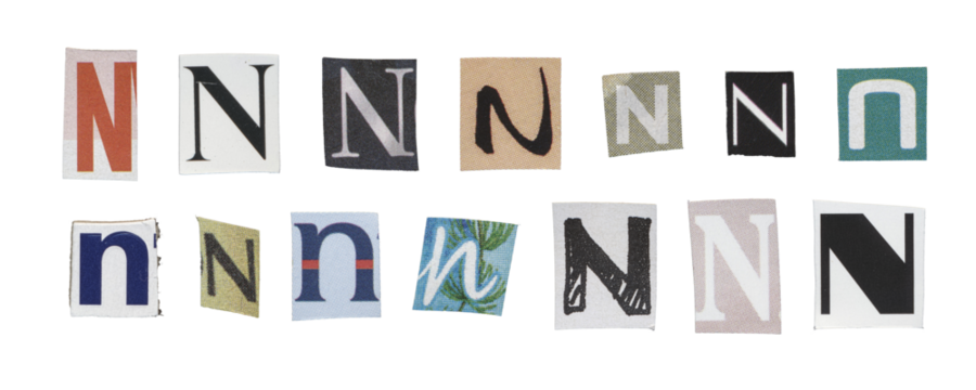 Set of isolated cut-out letter “N” from magazines on a transparent background, retro y2k style