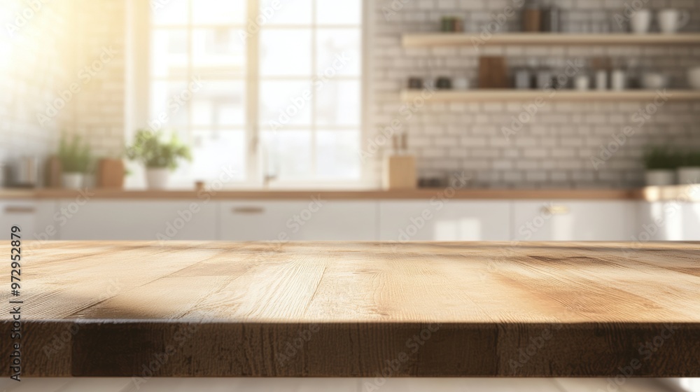 Poster empty wooden table with blurred kitchen background for product display