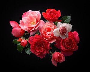 Vibrant bouquet of red and pink roses against a black background. © Koborixgen