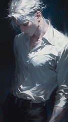 Image depicts an illustrated character with white hair, wearing a white shirt, looking downward in a contemplative manner
