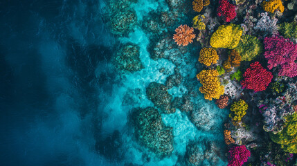 Fototapeta premium A stunning aerial view of coral reef showcases vibrant colors and diverse marine life. clear blue waters highlight beauty of underwater ecosystem, creating breathtaking scene