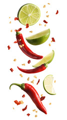 Falling group chili pepper and lime isolated on transparent background.