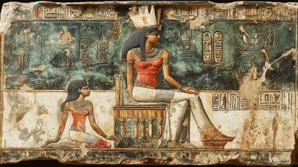 Image depicts ancient Egyptian art, featuring a seated figure wearing a crown and another figure kneeling beside them