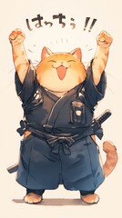 Image features an animated cat wearing a traditional martial arts uniform, joyfully raising its paws and shouting in excitement