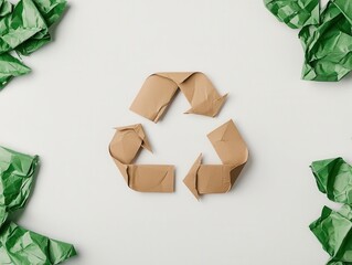 Minimalist paper recycle symbol on a white background, surrounded by soft green shadows