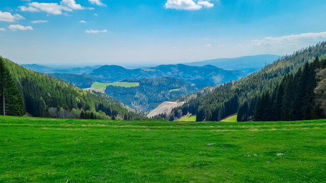 Lush green meadows stretch out in foreground leading towards a valley filled with dense forests seen from near Leobner, Eisenerz Alps, Styria, Austria. Tranquil atmosphere in Austrian Alps in spring