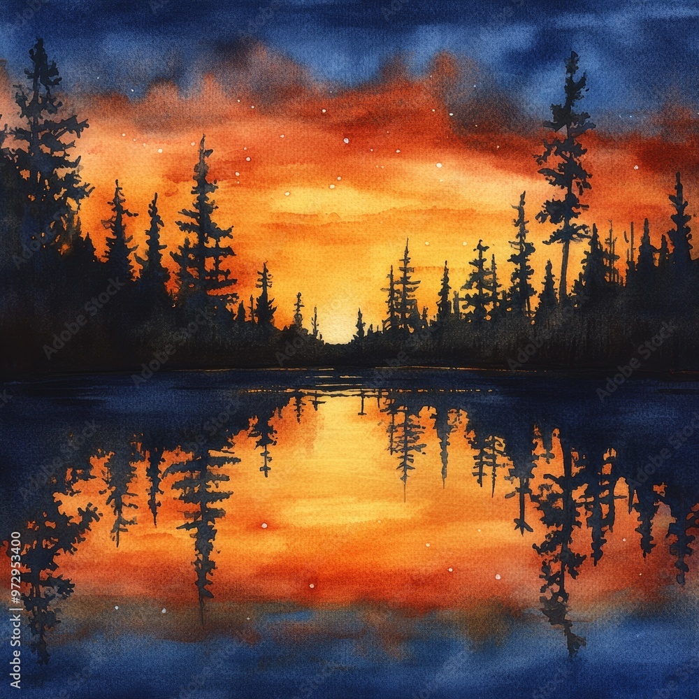 Sticker watercolor sunset reflection in a forest lake