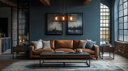 Modern living room with a cozy sofa, artwork, and warm lighting.