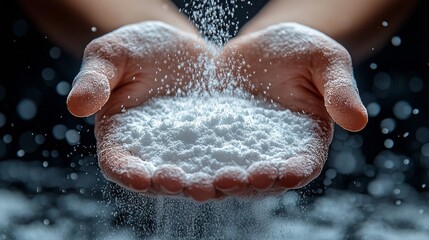 Fototapeta premium Image shows hands cupping a pile of white powder, with additional powder falling onto the pile, creating a dusting effect