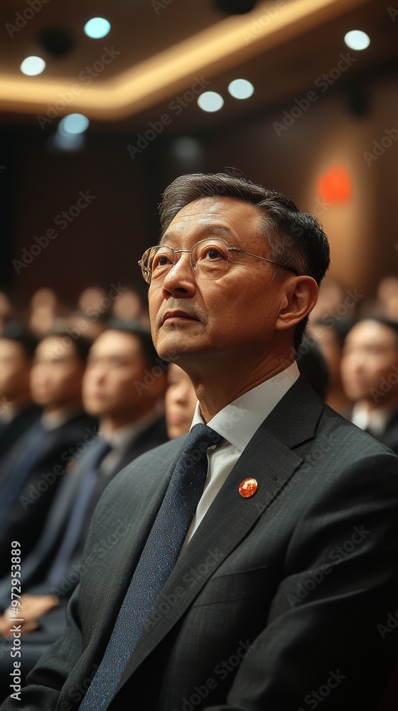 Poster man in a suit and glasses attentively listening in a formal setting with several seated people