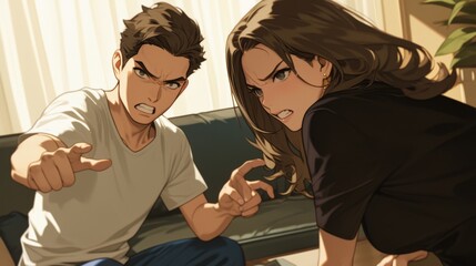 Fototapeta premium Man and a woman sitting on a couch, both appearing very angry and shouting