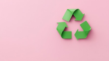 Simple recycle icon in soft green, centered on a pastel pink background, minimalist sustainability design