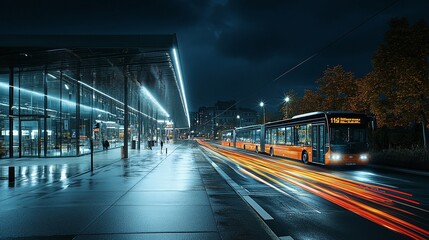 night city scene with an illuminated bus station and road, featuring vibrant trails of light, highlighting the motion of urban life
