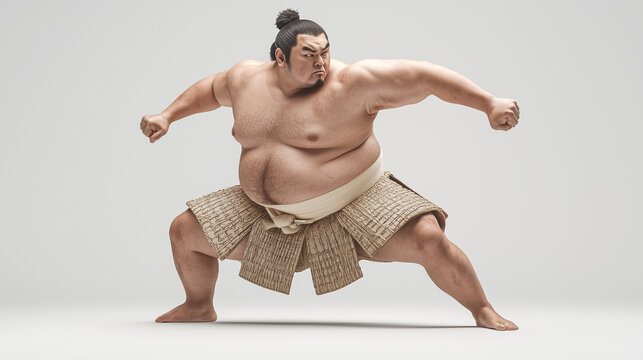 A sumo wrestler in mid-action pose, isolated on a clean white background, high realism