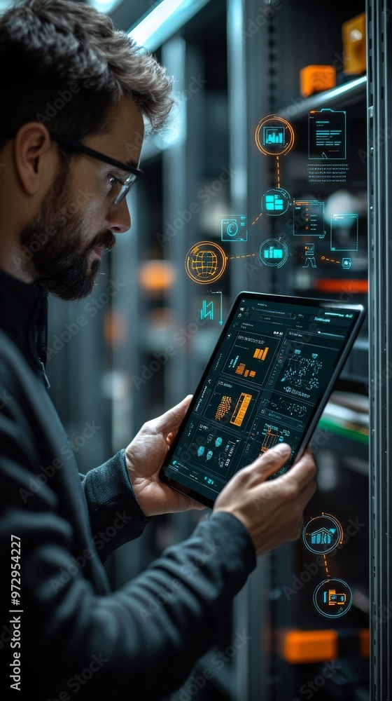 Poster man is holding a tablet with various graphs and charts, standing next to server shelves in a data ce