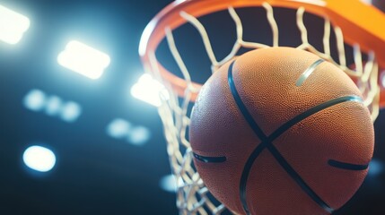 A close-up of a basketball approaching a hoop in a sports arena.