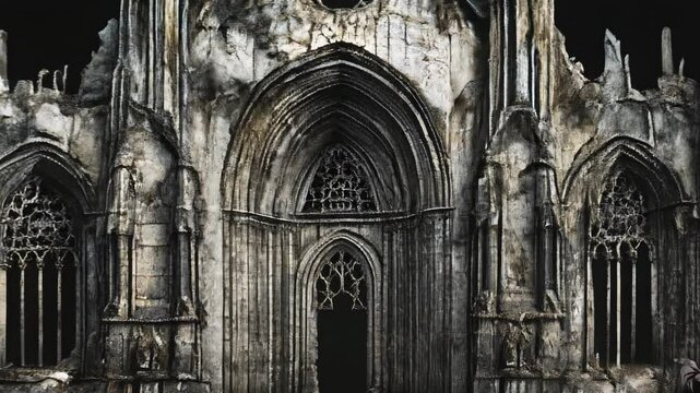 3d animation of an ancient gothic cathedral with gloomy lighting on a dark background