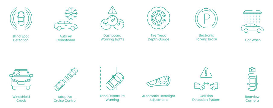 Blind Spot Detection, Auto Air Conditioner, Dashboard Warning Lights, Tire Tread Depth Gauge, Electric Parking Brake, Car Wash, Windshield Crack, Adaptive Cruise Control vector icon set