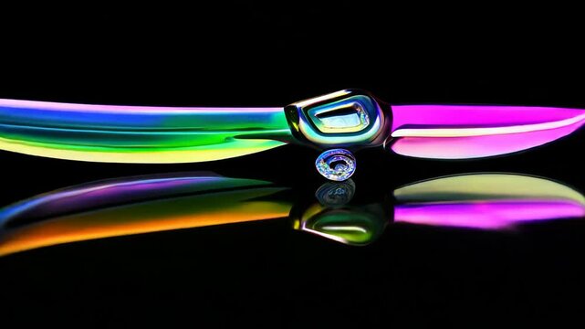 Glass knife with iridescent flowers on a dark background