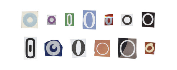 Set of isolated cut-out letter “O” from magazines on a transparent background, retro y2k style