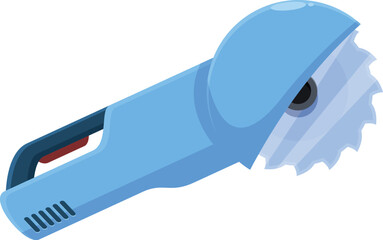 Blue electric hand circular saw is cutting something with spinning disk, professional power tools for woodworking and cutting various materials