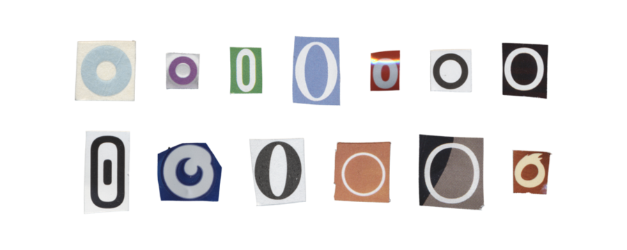Set of isolated cut-out letter “O” from magazines on a transparent background, retro y2k style