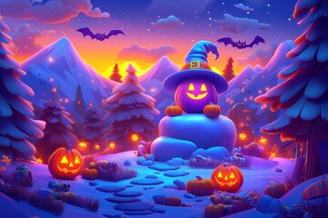 Spooky Halloween scene with pumpkins, snowman, and bats in a colorful fantasy landscape
