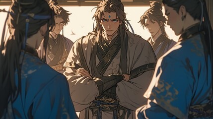 Fototapeta premium Serious-looking individual with arms crossed, surrounded by three others, all wearing traditional Asian attire