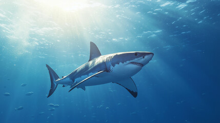 Naklejka premium A great white shark swimming powerfully among various sea fish in the deep blue ocean, showcasing the raw beauty of underwater nature. photo