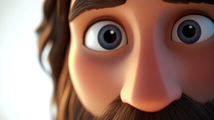 Obraz premium A close-up 3D cartoon of Jesus Christ's face, with a soft, kind expression, his beard gently flowing, and his eyes reflecting infinite love and compassion