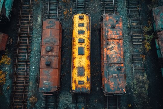 multiple parallel railway tracks derailed infographic style top view.