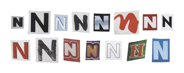 Set of isolated cut-out letter “N” from magazines on a transparent background, retro y2k style