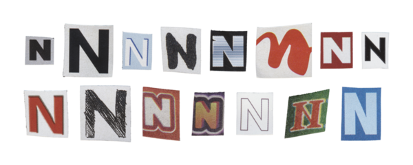 Set of isolated cut-out letter “N” from magazines on a transparent background, retro y2k style