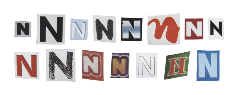 Set of isolated cut-out letter “N” from magazines on a transparent background, retro y2k style