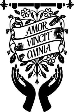 Vector Illustration of Hands Holding 'Amor Vincit Omnia' Banner