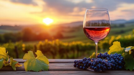 elegant wine glass with red or rose wine, surrounded by grapes on a rustic wooden table, vineyard sunrise or sunset scene in the background