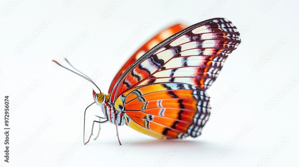 Poster a macro shot of a colorful butterfly perched on a white background, with its vibrant wings spread op