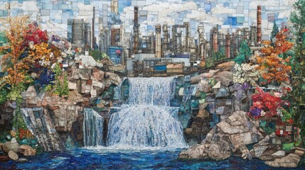 Mosaic Waterfall with Industrial Cityscape.