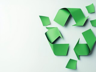 Obraz premium Minimalist paper recycle symbol on a white background, surrounded by soft green shadows