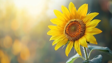 Fototapeta premium A macro view of a bright yellow sunflower with its textured center and surrounding petals in sharp focus, set against a muted, complementary background.