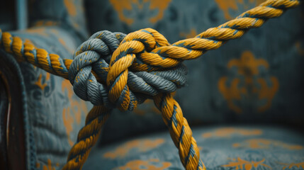 Team rope knot. Knot of colored ropes.