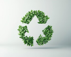 Minimalist recycle symbol made from green leaves, centered on a clean white background, soft shadows